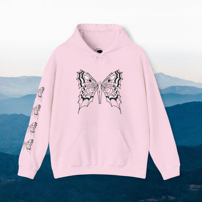 FAE eyes unfazed - Crowbaby hoodie with Mx Butterfly front, Mx Butterfly sleeve, logo back