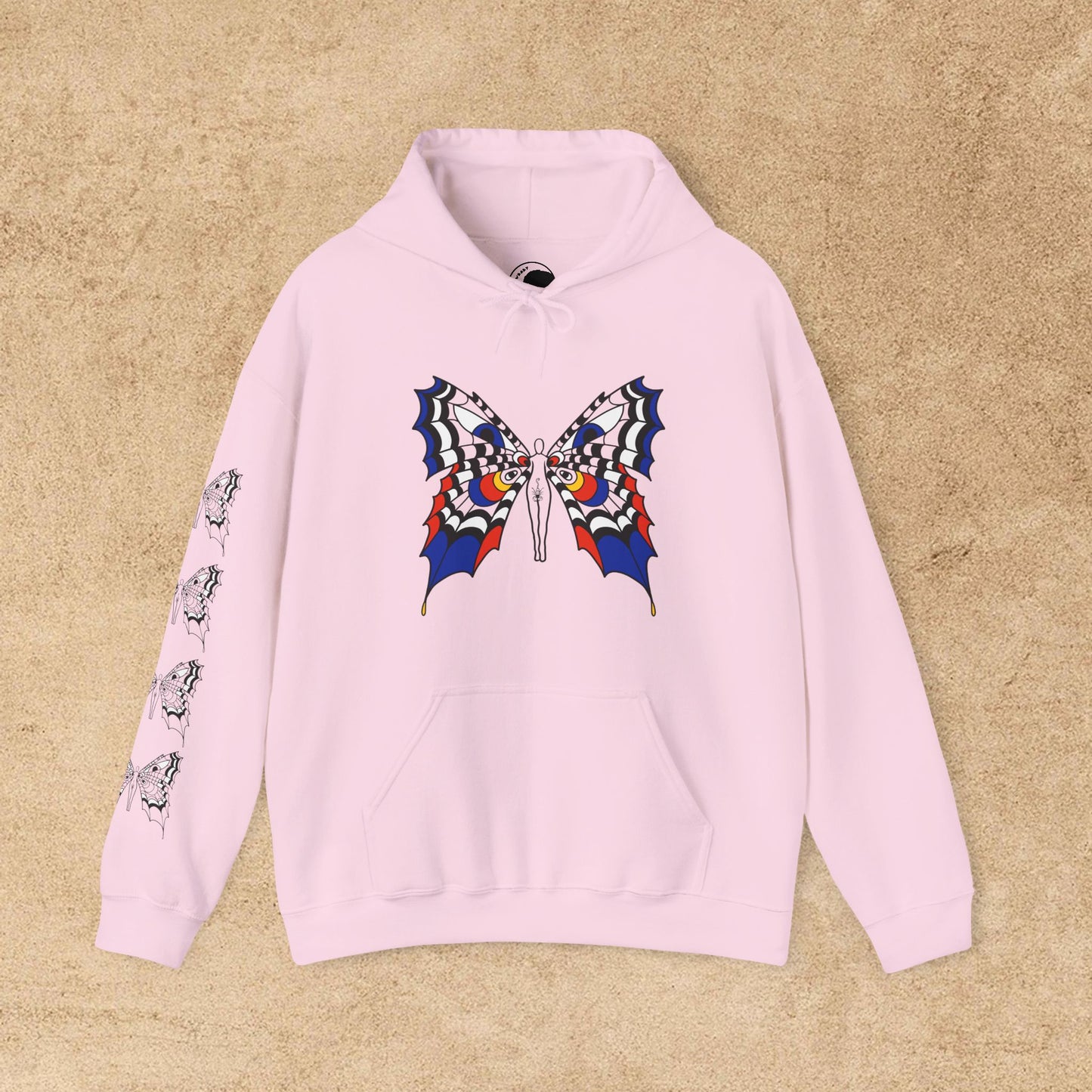 Colorful FAE eyes unfazed - Crowbaby hoodie with Mx Butterfly front, Mx Butterfly sleeve, logo back