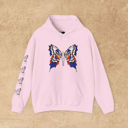 Colorful FAE eyes unfazed - Crowbaby hoodie with Mx Butterfly front, Mx Butterfly sleeve, logo back