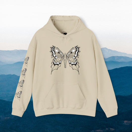 FAE eyes unfazed - Crowbaby hoodie with Mx Butterfly front, Mx Butterfly sleeve, logo back