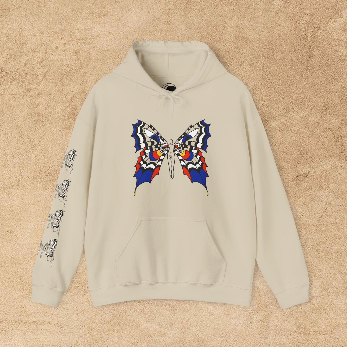 Colorful FAE eyes unfazed - Crowbaby hoodie with Mx Butterfly front, Mx Butterfly sleeve, logo back