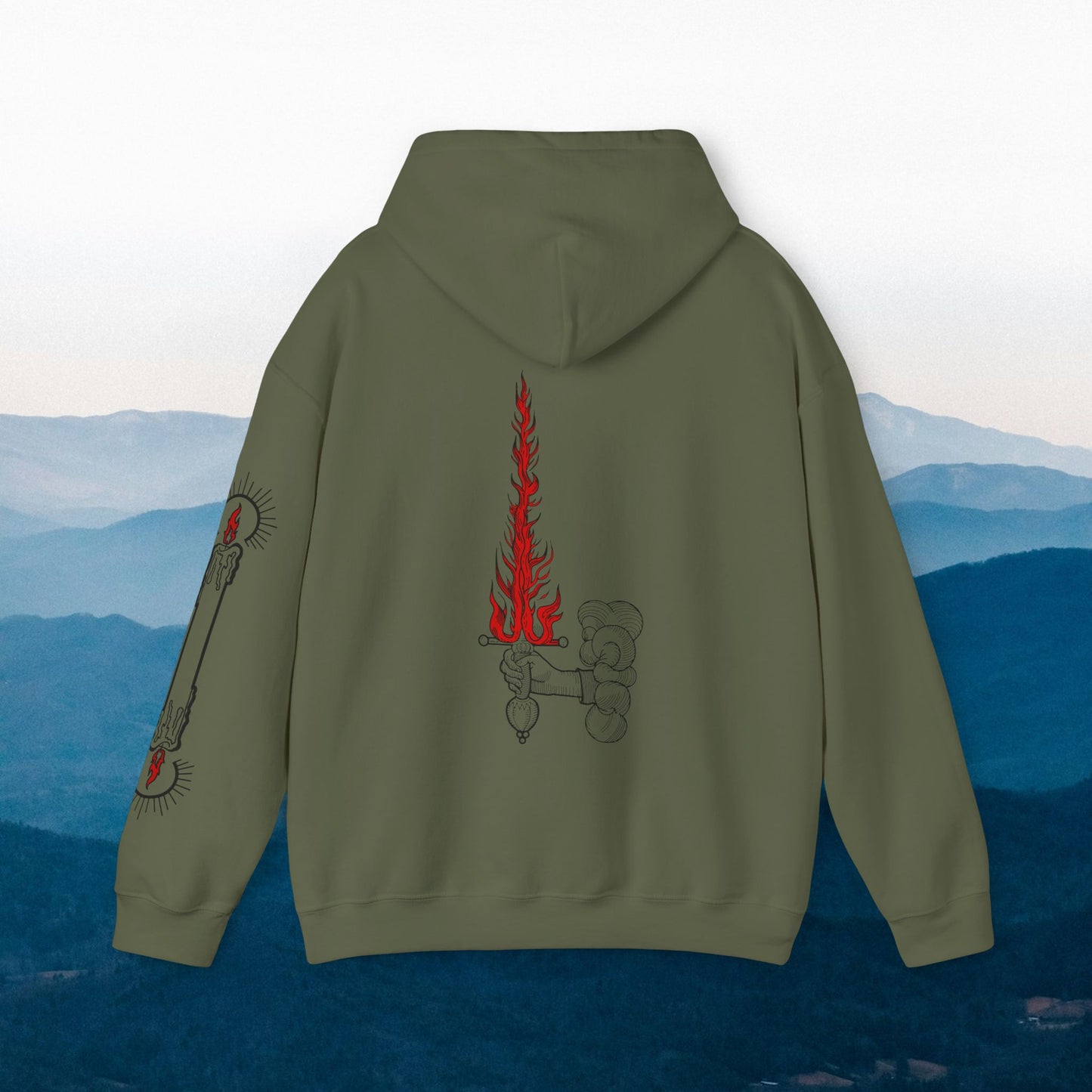 BURNING Hoodie - Flaming Sword on Back and Burning the candle at both ends Sleeve - Hooded Sweatshirt