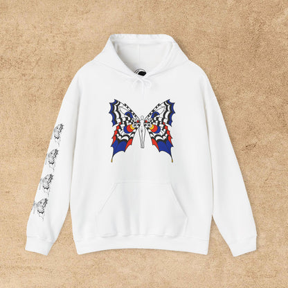 Colorful FAE eyes unfazed - Crowbaby hoodie with Mx Butterfly front, Mx Butterfly sleeve, logo back