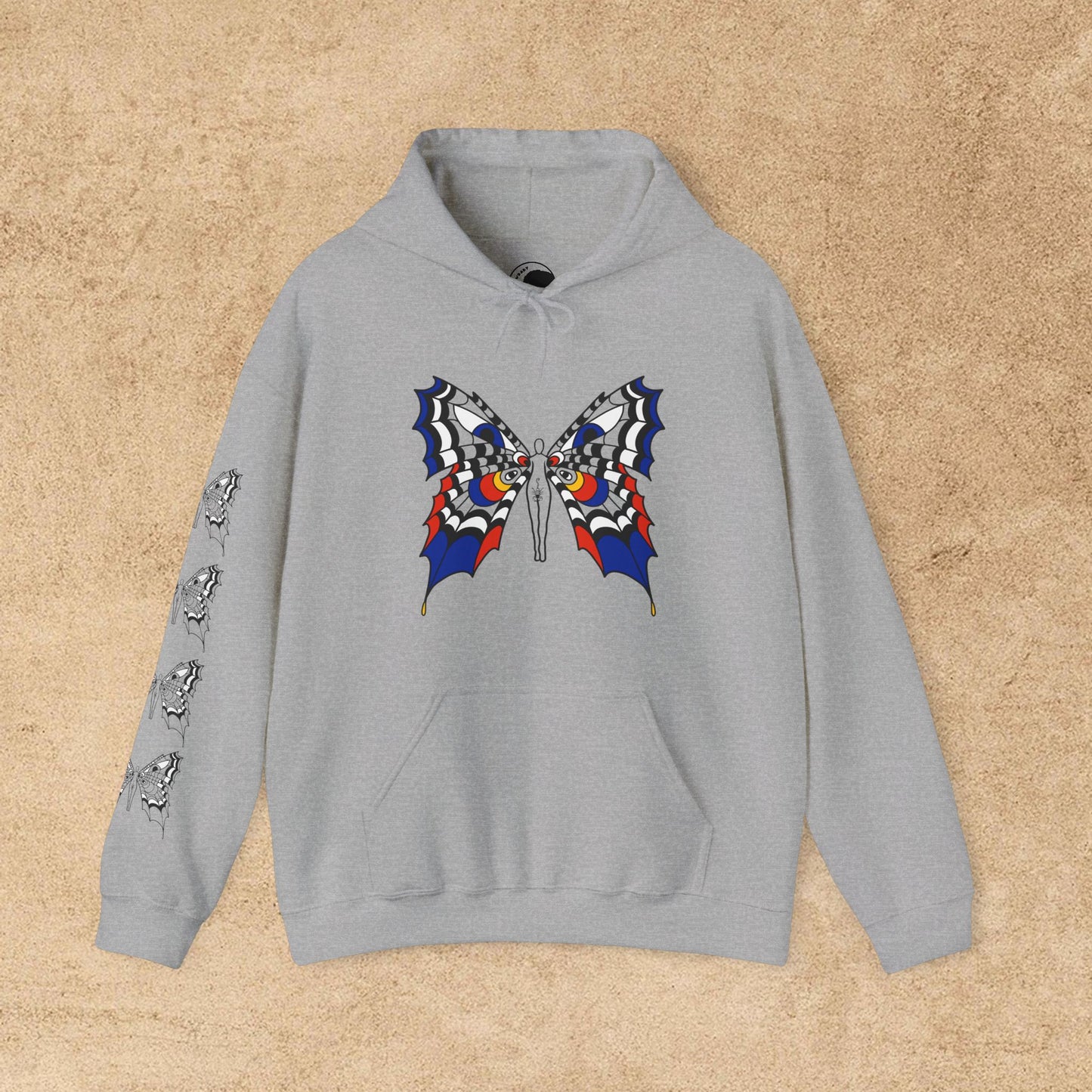 Colorful FAE eyes unfazed - Crowbaby hoodie with Mx Butterfly front, Mx Butterfly sleeve, logo back