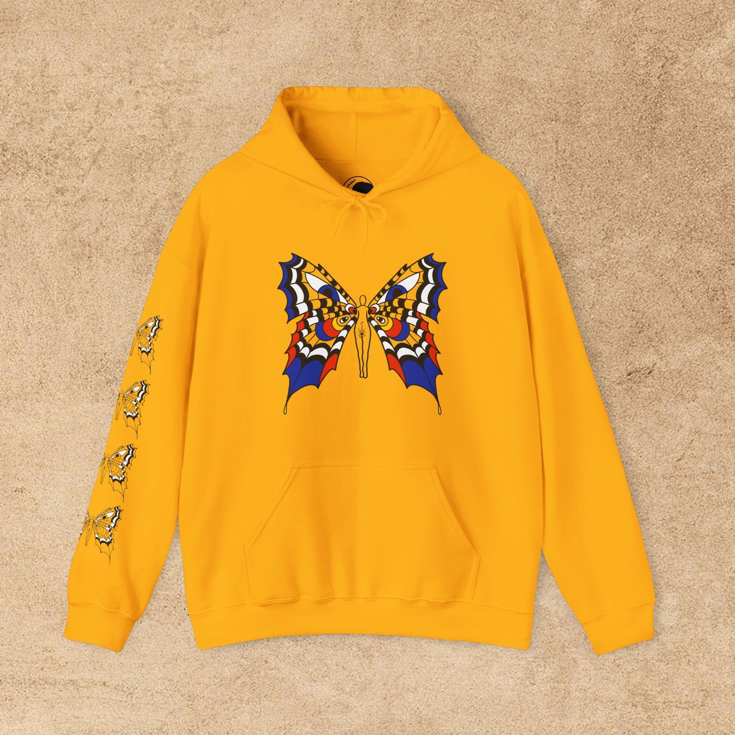 Colorful FAE eyes unfazed - Crowbaby hoodie with Mx Butterfly front, Mx Butterfly sleeve, logo back