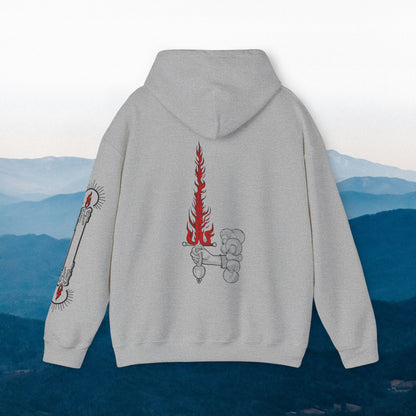 BURNING Hoodie - Flaming Sword on Back and Burning the candle at both ends Sleeve - Hooded Sweatshirt